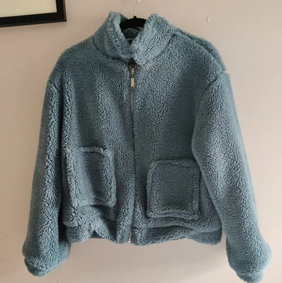 SheIn Zip Up Blue Teddy Spring Jacket - Picture 6 of 10